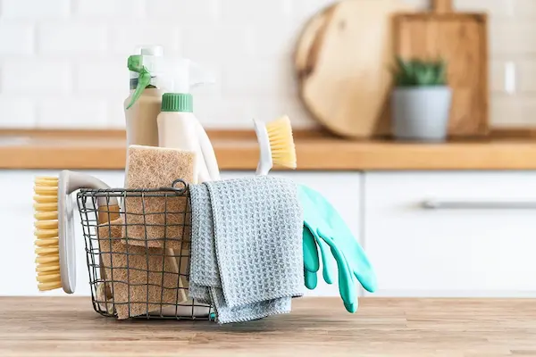 Kit de limpieza organizado con productos y herramientas para limpiar el baño de forma eficiente.