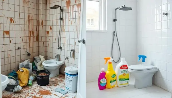 Productos de limpieza organizados para mantener el baño limpio y desinfectado.