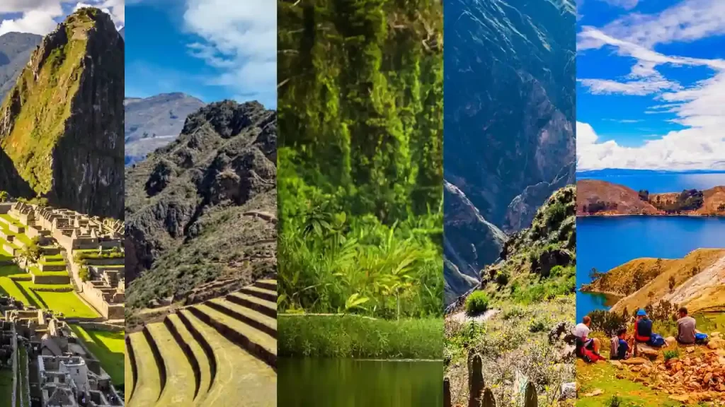 collage de fotos de los 5 Lugares turísticos de Perú