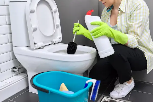 Persona limpiando el inodoro con productos desinfectantes en baño del hogar.